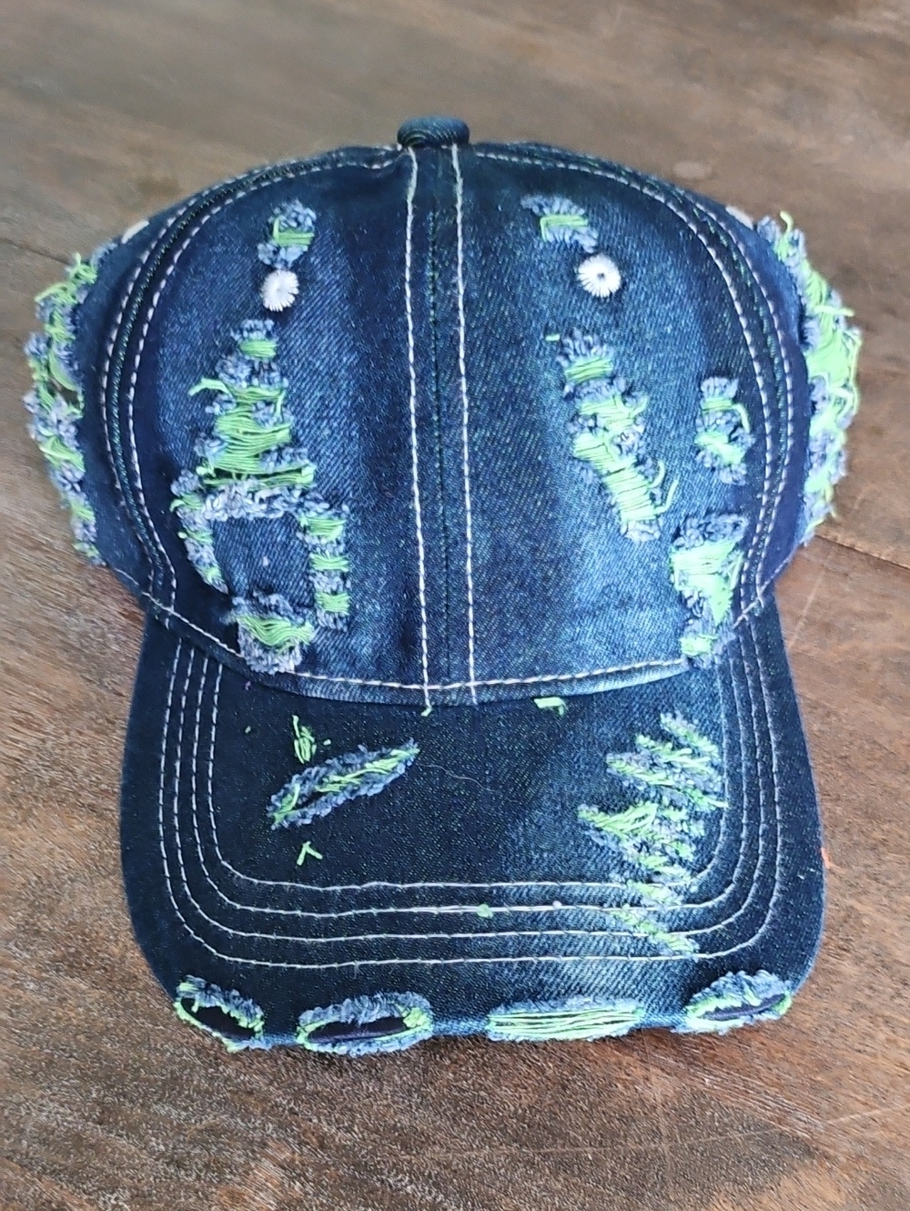 NWT Denim Distressed Baseball Cap With Lime Green Accents